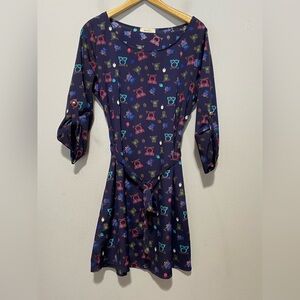 Funky Quirky Artsy Retro Black Bead Owl Print Roll Tab Sleeve Belted Dress